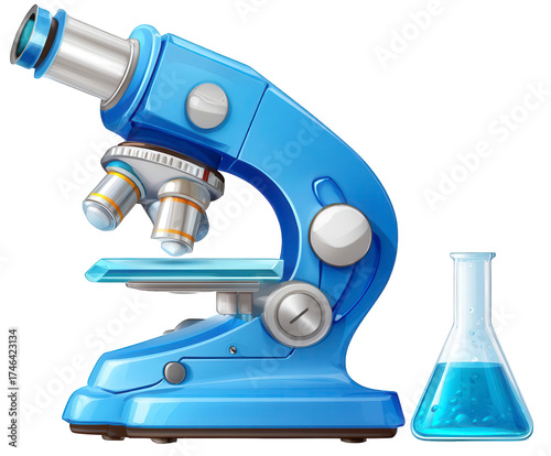 A bright blue laboratory microscope with a small erlenmeyer flask containing blue liquid, isolated on transparent background