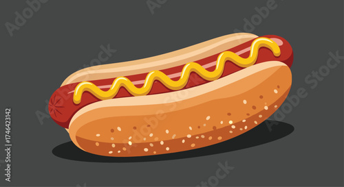 A juicy hot dog with a generous squirt of bright yellow mustard in a sesame seed bun.