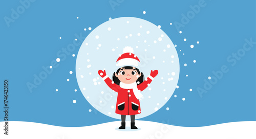 A happy child in the snow surrounded by snowflakes.