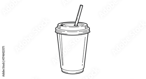 A drawing of a disposable coffee cup with a straw and lid.
