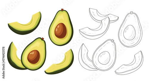 Fresh avocado slices and halves with a drawing.
