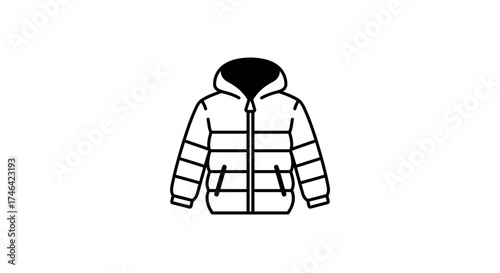Isolated outline illustration of a winter puffer jacket with a hood