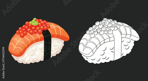 A pair of nigiri sushi with salmon and roe.