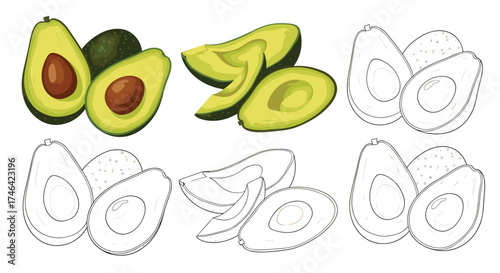 A collection of fresh and ripe avocados with seeds and slices.