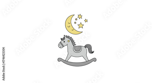 A rocking horse under a crescent moon and stars.