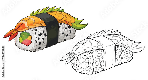 A colorful sushi roll with shrimp and avocado is shown next to a drawing for coloring.