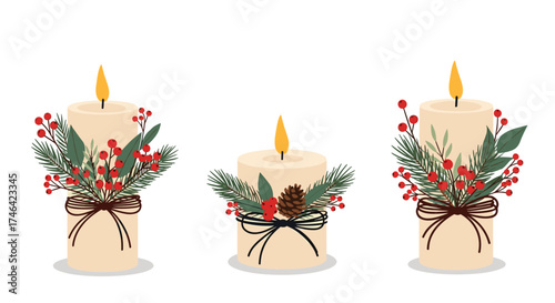 Three festive candles with pine needles and berries adorn the celebration.
