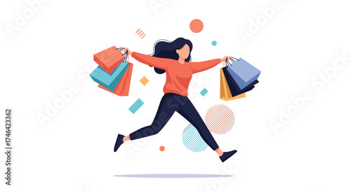 Excited shopper running with many shopping bags.