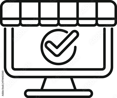 Online shop successfully passing quality control, showing check mark on computer screen