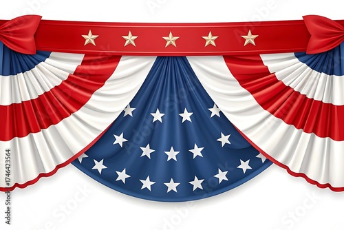 American flag bunting with stars and red ribbon on white background