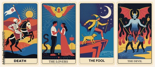 Set of colorful vintage-style Tarot cards in flat vector design featuring The Lovers, Death, Devil, and Fool. Bold mystical symbols with retro charm and esoteric aesthetic.