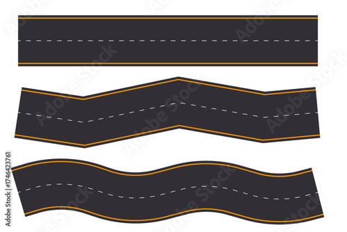 Set Winding zigzag road top view, highway curve path. Empty horizontal way, map. Asphalt wavy road template, game, design element.