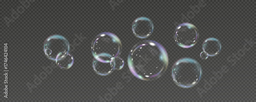Realistic soap vector bubbles png isolated on transparent background. The effect of falling and flying bubbles. Glass bubble effect.	
