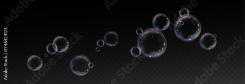 Realistic soap vector bubbles png isolated on transparent background. The effect of falling and flying bubbles. Glass bubble effect.	
