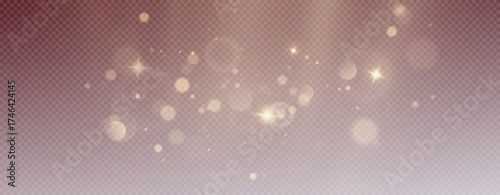 Christmas glowing bokeh confetti light and glitter texture overlay for your design. Festive sparkling gold dust png. Holiday powder dust for cards, invitations, banners, advertising.	
