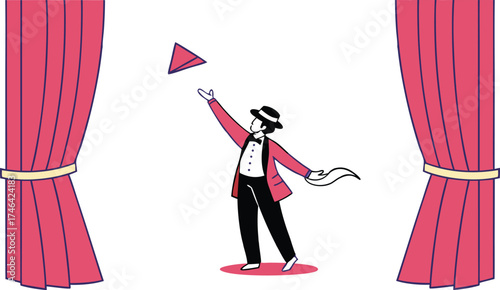 Charming magician in red suit performs stunning illusions on stage with dramatic curtains, perfect for entertainment and theatrical productions