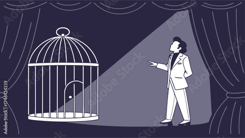 Elegant magician performing the disappearing act with birdcage on stage under spotlight - a captivating theatrical show of illusion and wonder