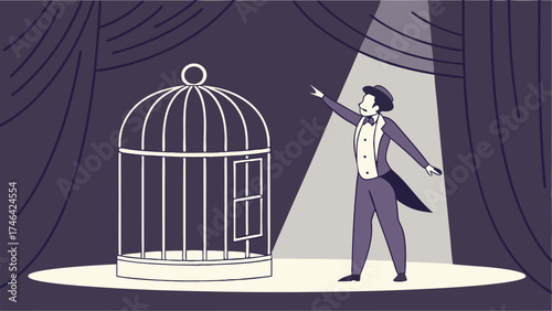 Captivating magician performing an escape act with empty birdcage on stage, gesturing upwards under spotlight, vintage showmanship, theatrical entertainment