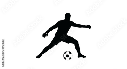 Soccer player silhouette kicking ball against white background