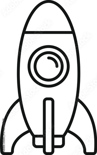 Simple black and white line art illustration of a spaceship rocket ready for launch, symbolizing space exploration and new adventures