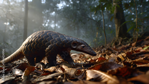 wildlifeA pangolin illuminated by warm forest light, highlighting its textured scales against a blurred woodland background. ikrom - Pangolin in Golden Forest Light