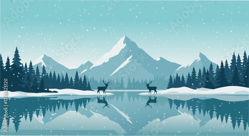 Tranquil vector winter wonderland scene with snow-capped mountains, evergreen trees, a reflective lake, and a graceful deer silhouette