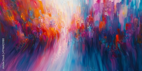 Painting of a cityscape with a blue and purple background and a red and orange foreground. The painting is full of brushstrokes and he is abstract