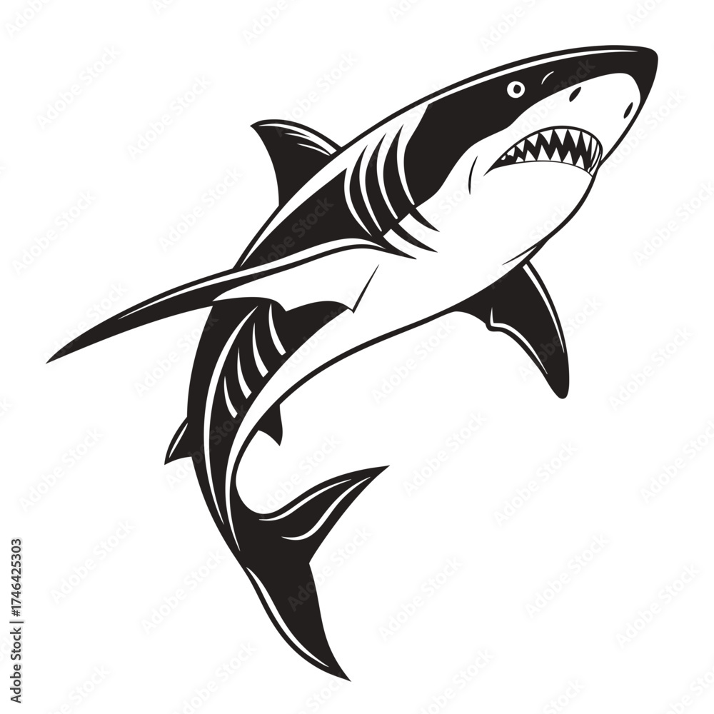 Fototapeta premium Aggressive shark illustration with sharp teeth and fins