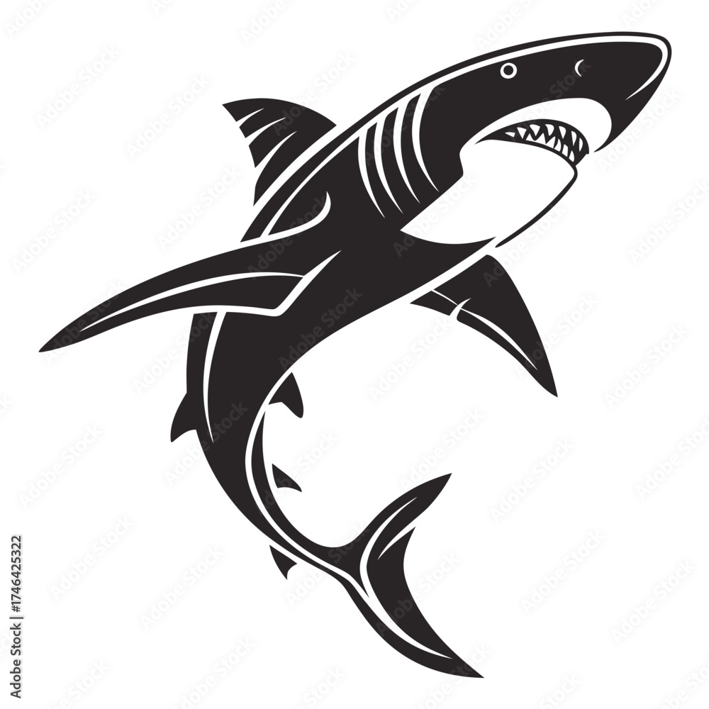 Fototapeta premium Stylized black shark illustration with open mouth and sharp teeth