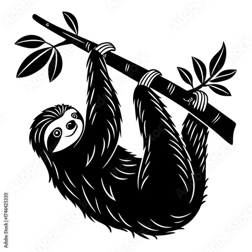 Smiling sloth hanging upside down on a branch