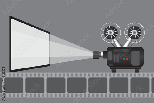 Film projector, film strip on 
grey background. 3D vector.