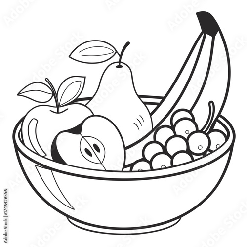 Vector art of a black and white bowl of fruits, showcasing a healthy and vibrant assortment for a nutritious lifestyle