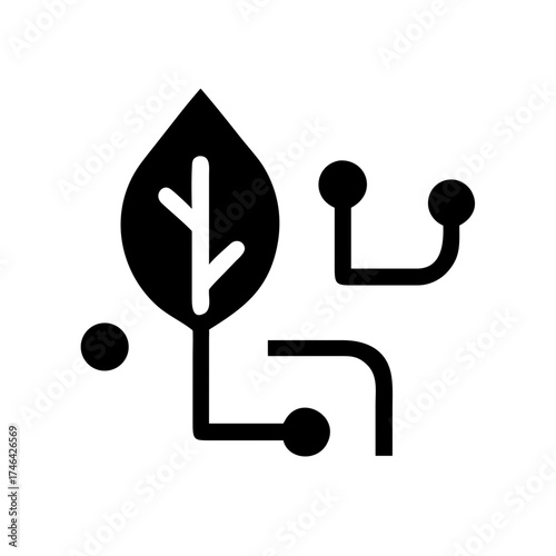 Vector art of a black and white illustration of a leaf connected to a circuit, it represents technology and nature working together