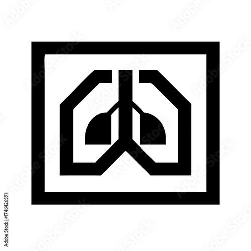 Vector art of a black and white illustration of lungs in a square, it represents respiratory health and medical technology