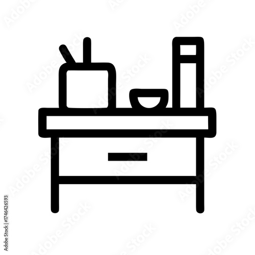 Vector art of a black and white line drawing of a bedside table with a drawer and items on top, minimalist and modern design