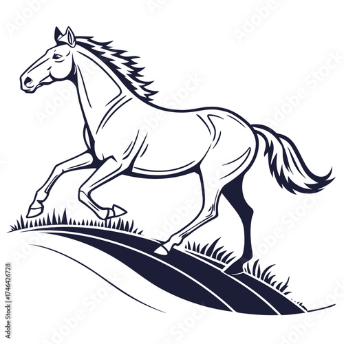 Vector art of a majestic horse gallops across a grassy field, its mane flowing in the wind, a symbol of freedom and power