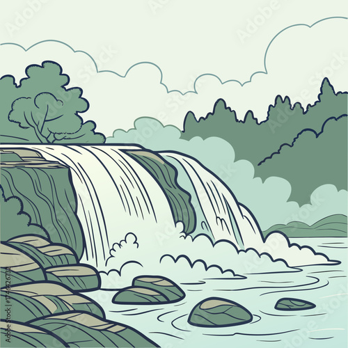 Vector art of a picturesque waterfall flows gracefully over rocks, framed by verdant trees and fluffy clouds, creating a refreshing and scenic view of natures splendor