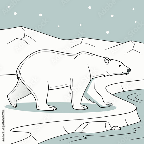 Vector art of a polar bear walks on an ice floe in the arctic ocean, a symbol of the impact of global warming and climate change on the environment