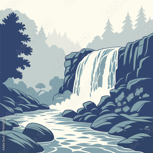 Vector art of a serene waterfall cascades down a rocky cliff, surrounded by lush trees and foliage, creating a tranquil scene of natures beauty and peacefulness