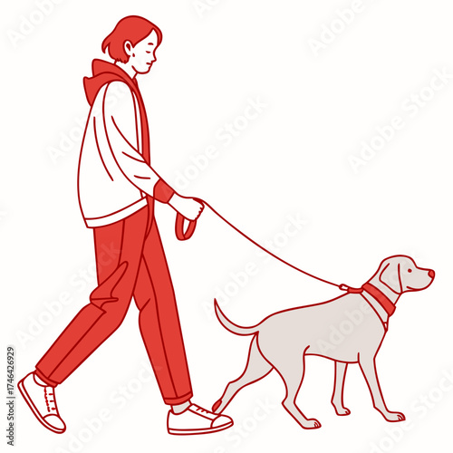 Vector art of a woman is walking her dog on a leash, both are facing right, the woman is wearing a hoodie and pants