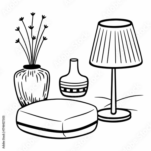 Vector art of interior sketch with a lamp, vases, and a pouf a cozy and stylish arrangement for home decor in a minimalist, handdrawn style