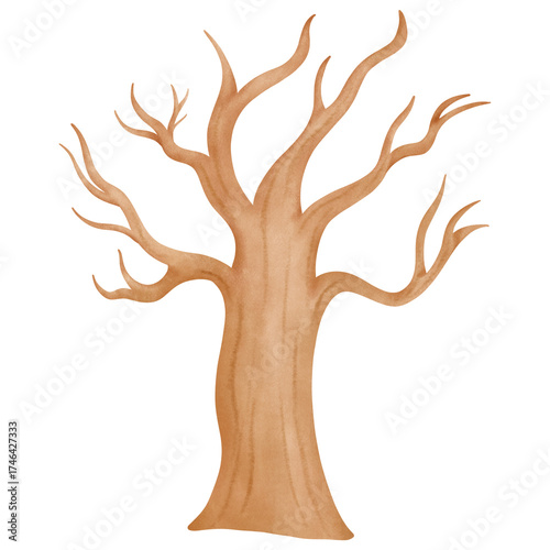 Halloween bare tree with twisted branches standing under eerie moonlight watercolor Illustration.