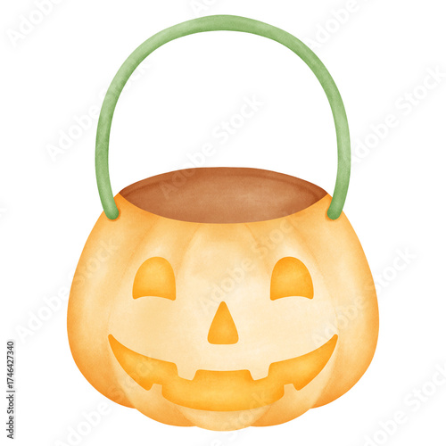 Pumpkin basket with handle for trick-or-treat Halloween candies watercolor Illustration.