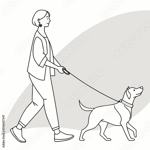 Vector art of line art illustration of a woman walking a dog female figure with pet on leash, outdoor activity, lifestyle and companionship