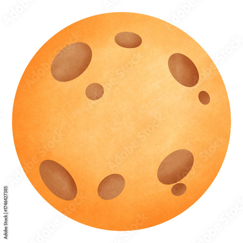 Round orange moon with craters shining in Halloween night sky watercolor Illustration.