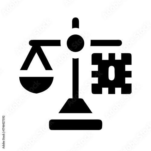 Vector art of scales balancing a microchip, representing the ethical considerations and legal frameworks surrounding artificial intelligence and technology