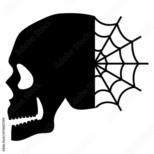 Símbolo pirata. Logo con vista lateral de calavera humana con tela de araña para felicitaciones y tarjetas de Halloween
