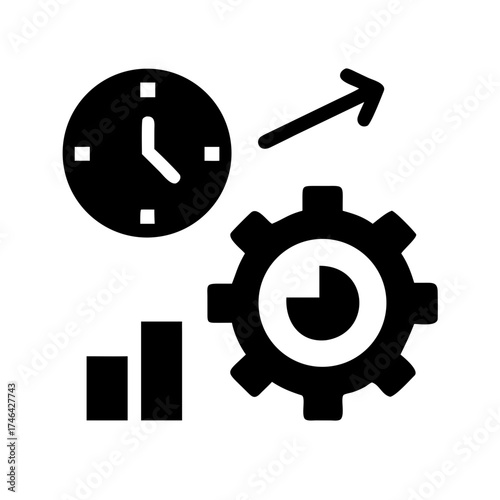Vector art of time management icon with clock, gear, graph and arrow, representing efficiency, productivity, and progress