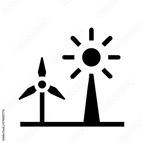 Vector art of wind turbine and solar panel, symbolizing renewable energy sources and sustainable power generation for a greener future