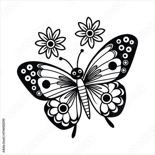 Cute cartoon butterfly with blooming flowers